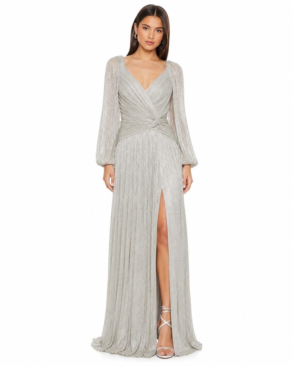 Jonathan Simkhai Adele Metallic Plisse Pleated Long Sleeve Gown Slit Maxi Dress
